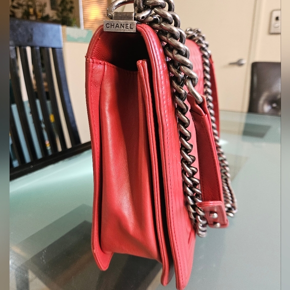 CHANEL XL Red Leather Boy Chain Link Shoulder Crossbody Bag Purse Diamond - Picture 7 of 16